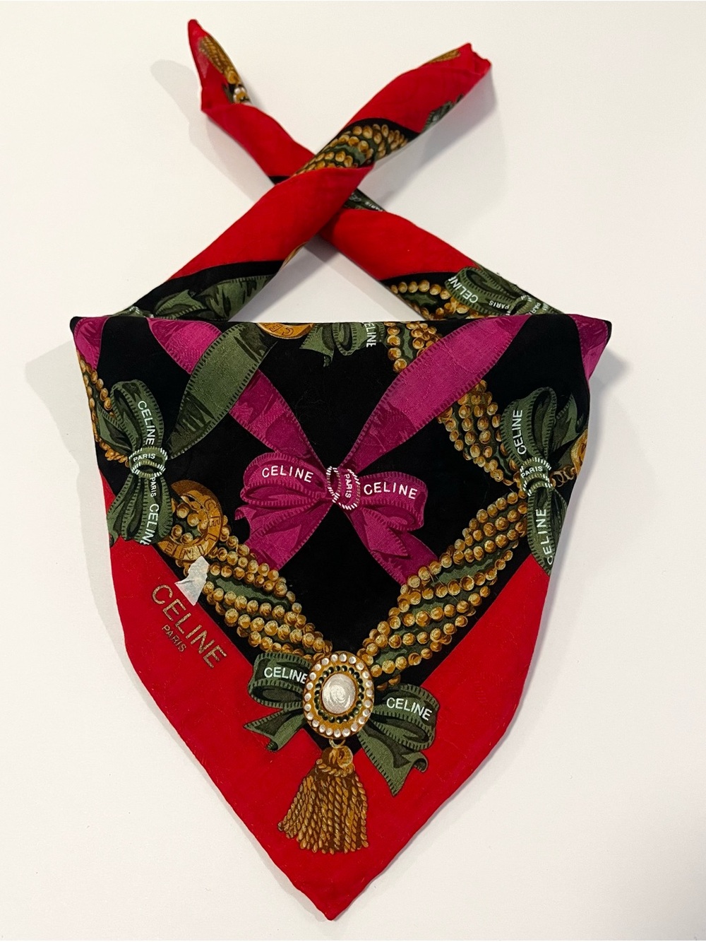 Celine Red, Black & Pink Cotton Scarf with Ribbon and Bead Motif 20”